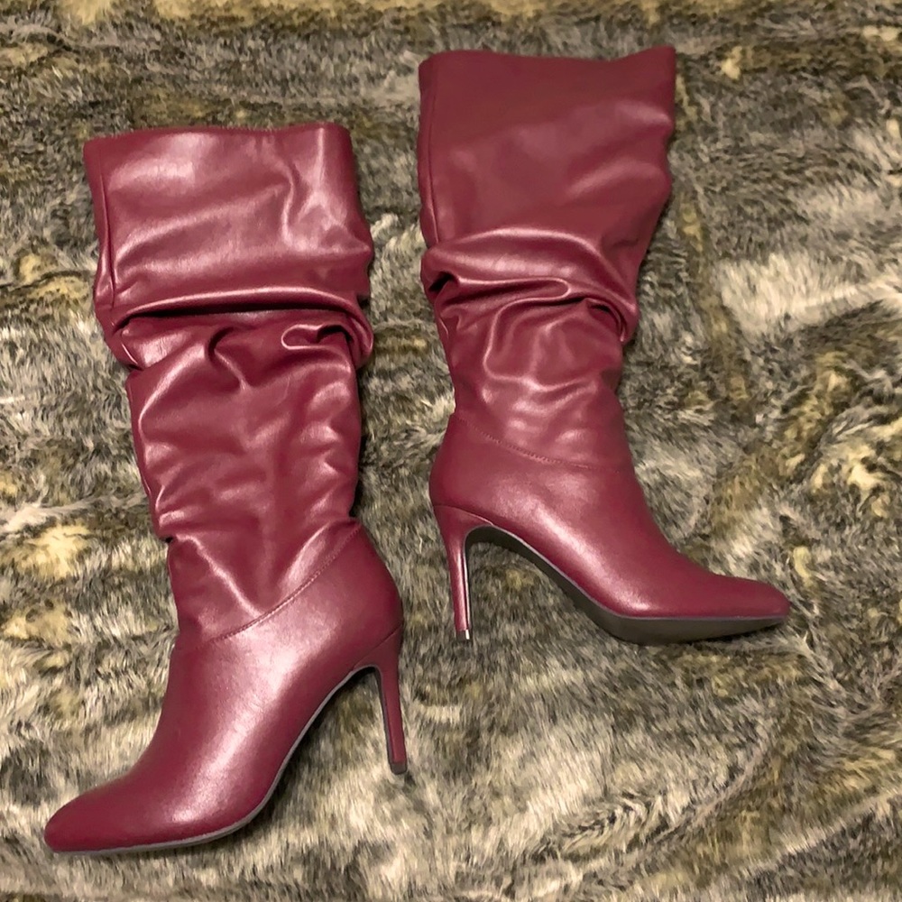 Burgundy Almond Toe Knee High Slouch Boots